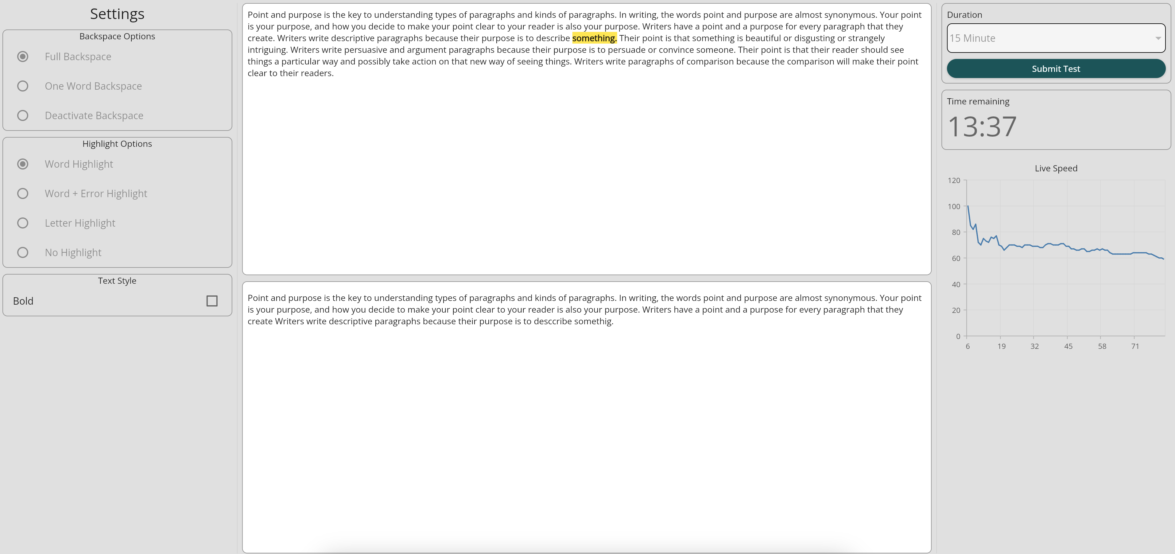 Screenshot of the TypingSikho typing test editor dashboard showing text highlighting and live speed analytics